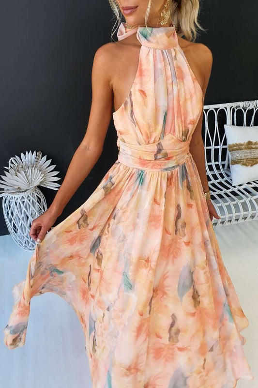 Effortless Orange Floral Maxi Dress for Women with High Neck Sleeveless