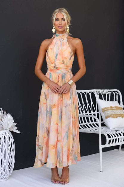 Effortless Orange Floral Maxi Dress for Women with High Neck Sleeveless