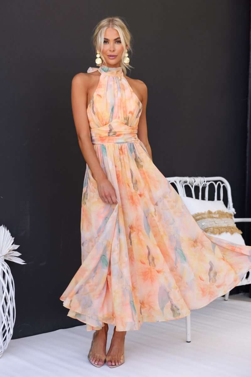 Effortless Orange Floral Maxi Dress for Women with High Neck Sleeveless