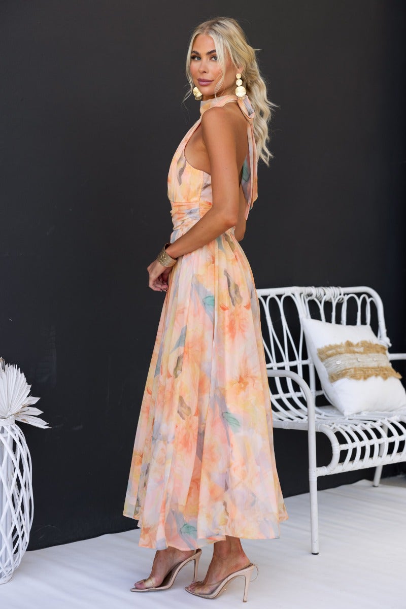 Effortless Orange Floral Maxi Dress for Women with High Neck Sleeveless