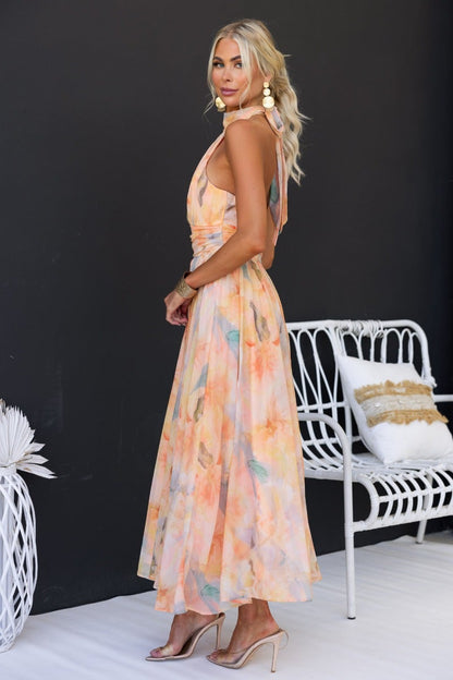 Effortless Orange Floral Maxi Dress for Women with High Neck Sleeveless