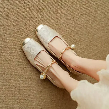 Comfortable Mary Jane Shoes for Women with Braided Block Heel Metallic Style
