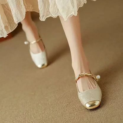 Comfortable Mary Jane Shoes for Women with Braided Block Heel Metallic Style