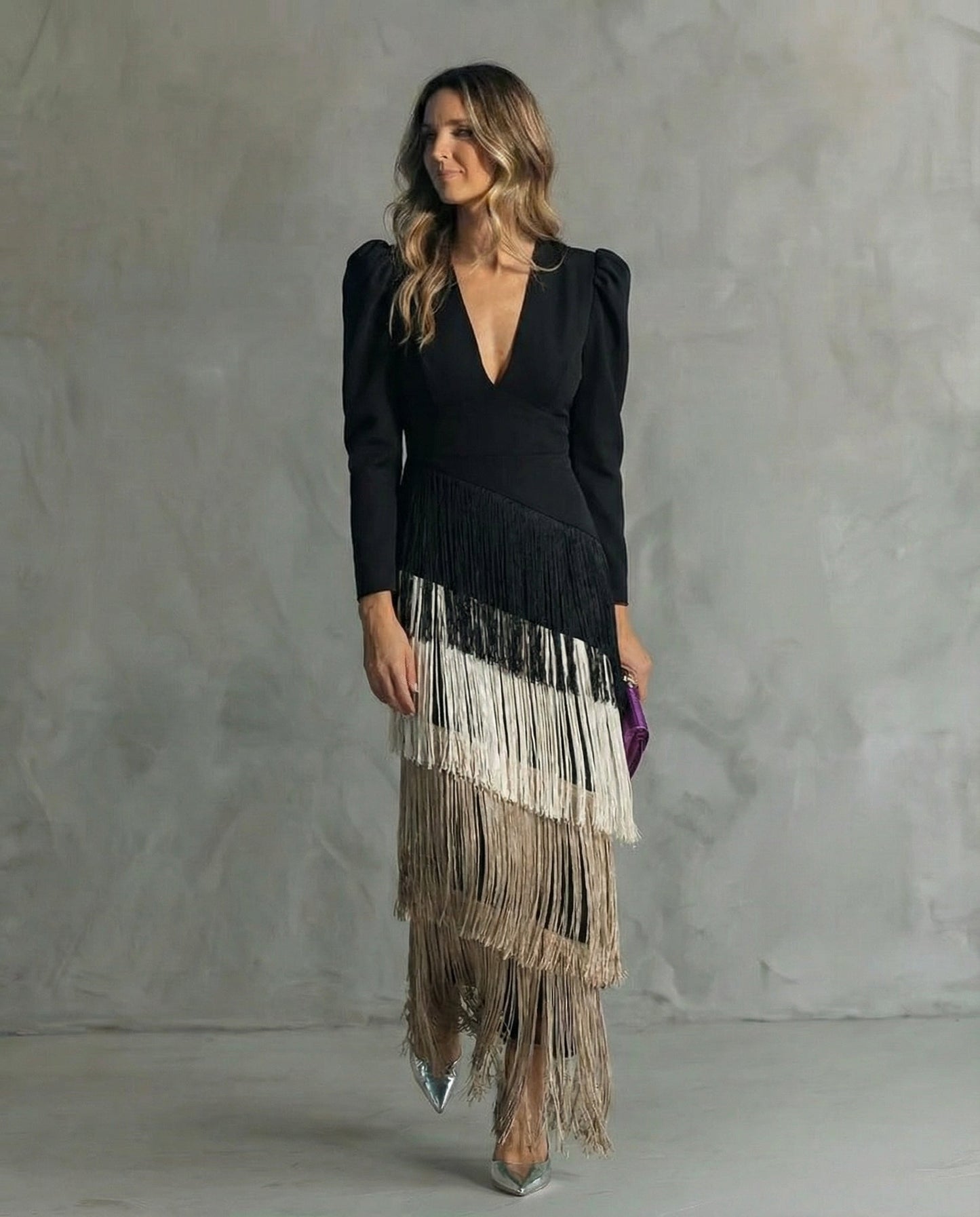 Effortless Midi Dress for Women with V Neck Long Sleeve Fringe