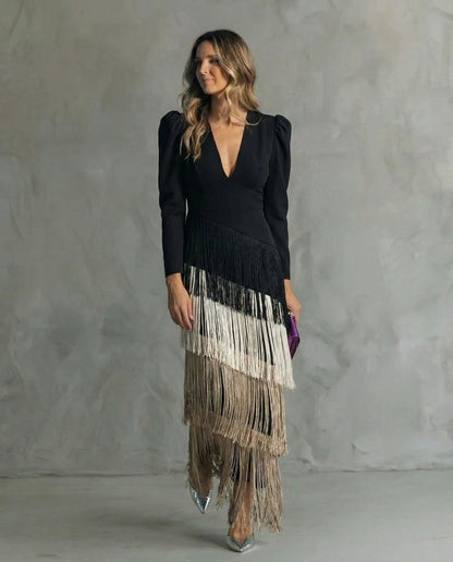 Effortless Midi Dress for Women with V Neck Long Sleeve Fringe
