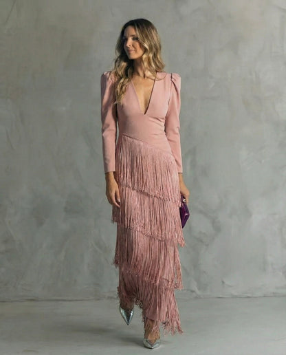 Effortless Midi Dress for Women with V Neck Long Sleeve Fringe