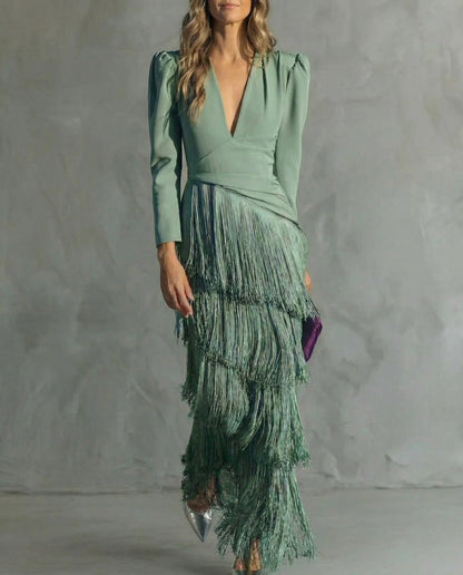 Effortless Midi Dress for Women with V Neck Long Sleeve Fringe