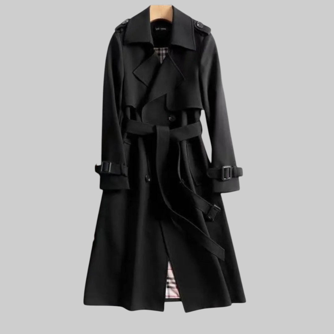 Elegant Trench Coat for Women with Notch Collar Belted Waist Long Style