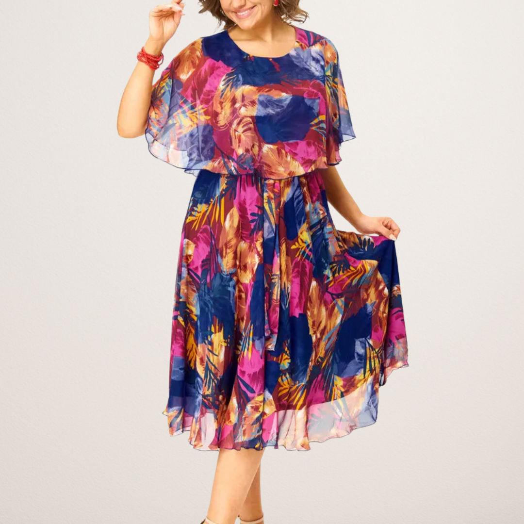 Elegant Floral Midi Dress for Women with Round Neck Short Sleeve