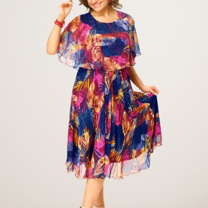 Elegant Floral Midi Dress for Women with Round Neck Short Sleeve