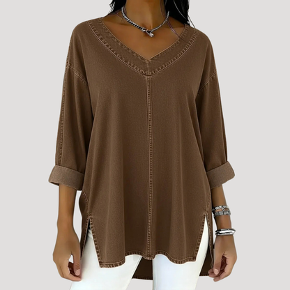 Effortless Blouses for Women with V-Neck Cuffed Sleeve Relaxed Style