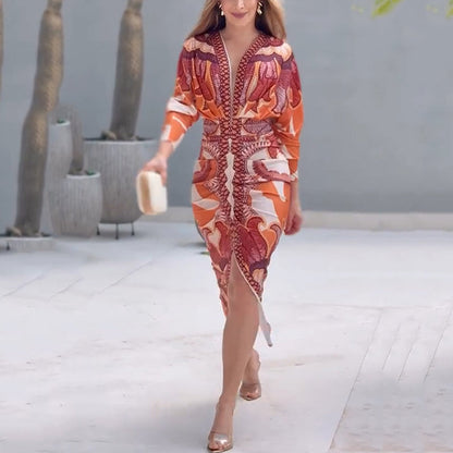 Elegant Orange Floral Maxi Dress for Women with V-Neck Wrap Front Slit Style
