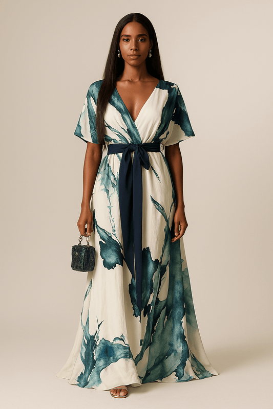 Elegant Green Watercolor Evening Dress for Women with V Neck Formal Wedding Guest Style