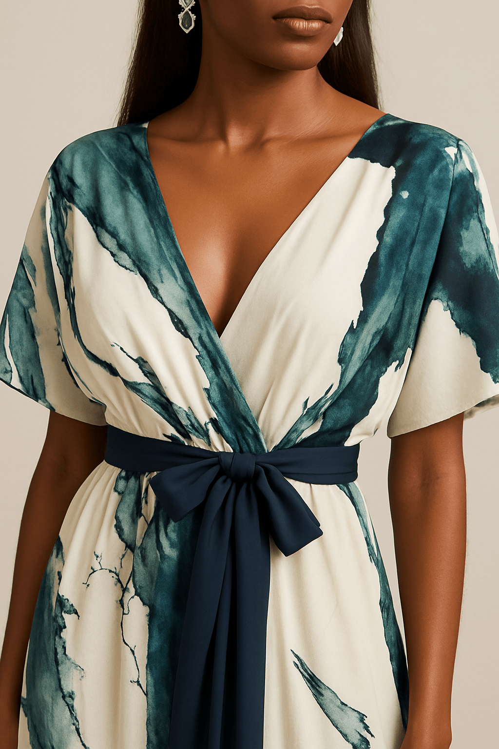 Elegant Green Watercolor Evening Dress for Women with V Neck Formal Wedding Guest Style