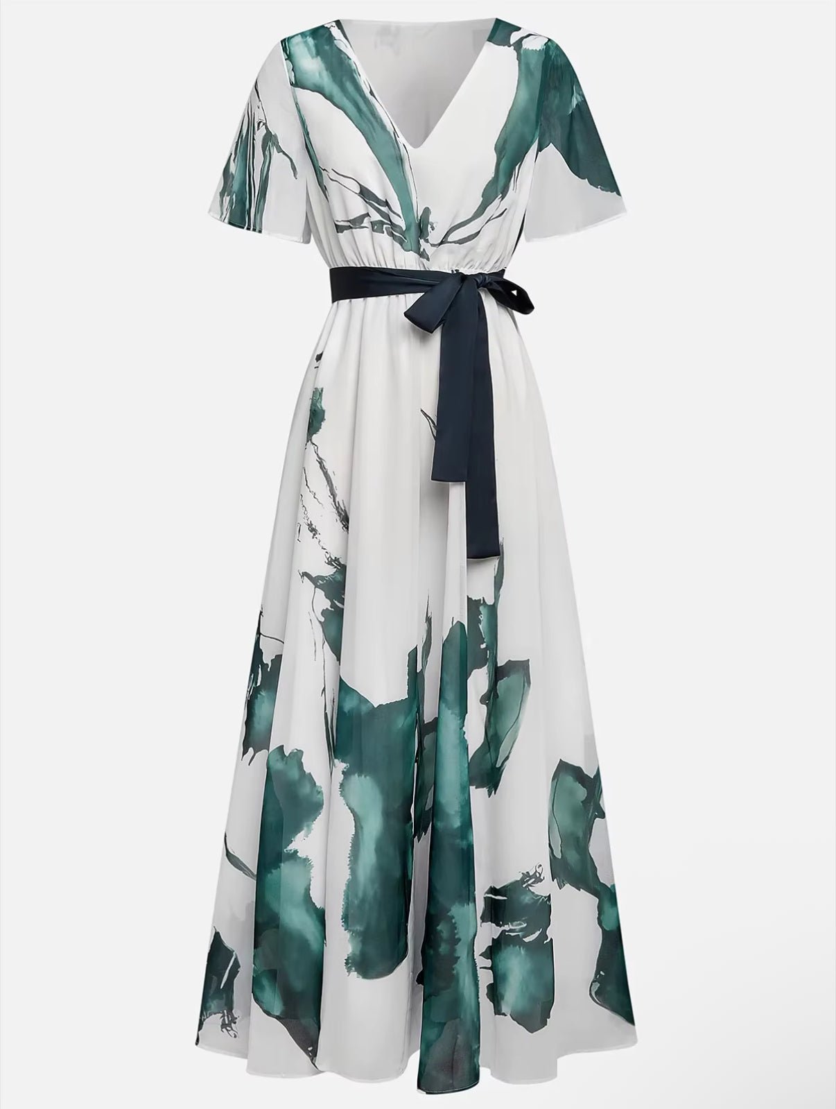Elegant Green Watercolor Evening Dress for Women with V Neck Formal Wedding Guest Style