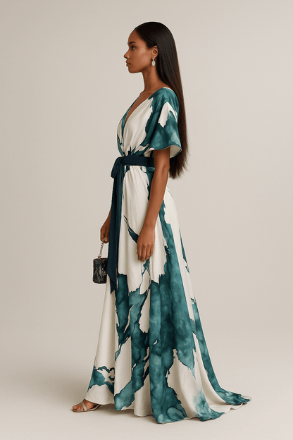 Elegant Green Watercolor Evening Dress for Women with V Neck Formal Wedding Guest Style