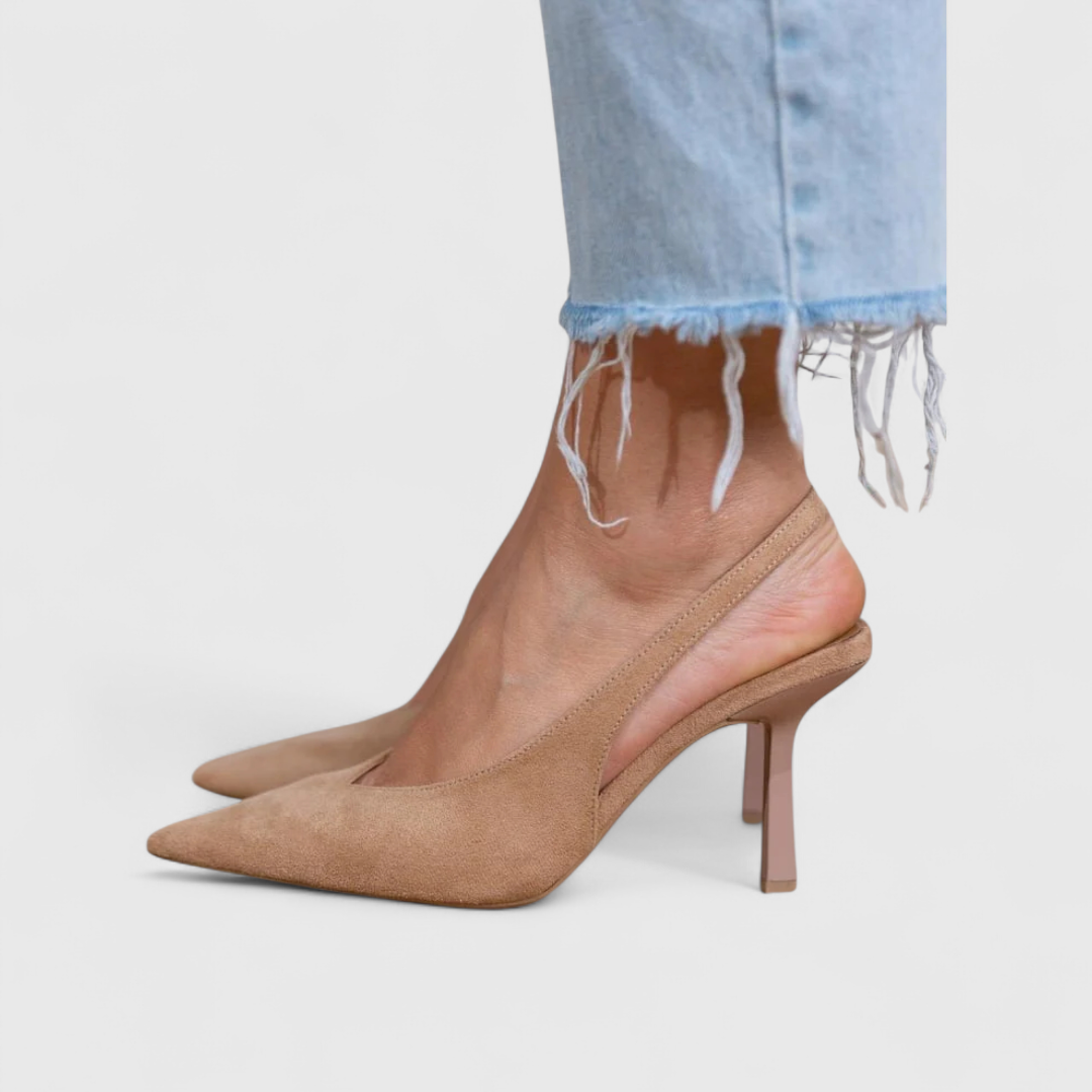 Comfortable Beige Heels for Women with Orthopedic Pointed Toe Slingback Style