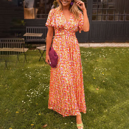 Elegant Floral Evening Dress for Women with V Neck Formal Wedding Guest Style