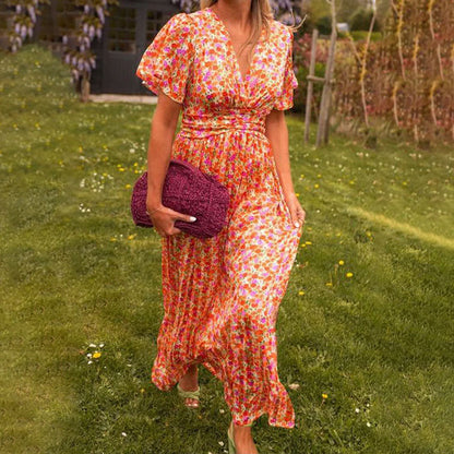Elegant Floral Evening Dress for Women with V Neck Formal Wedding Guest Style