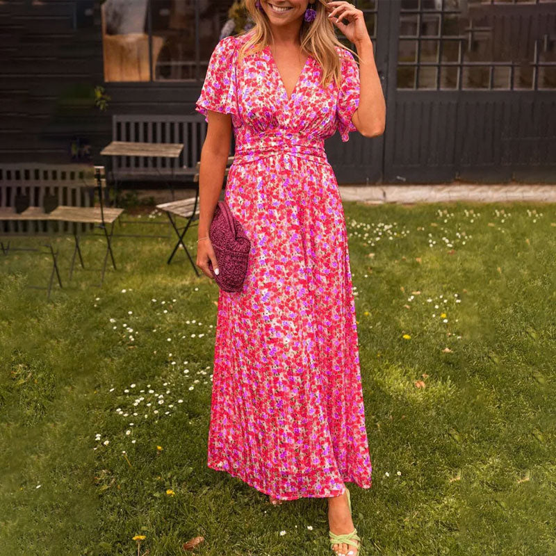 Elegant Floral Evening Dress for Women with V Neck Formal Wedding Guest Style