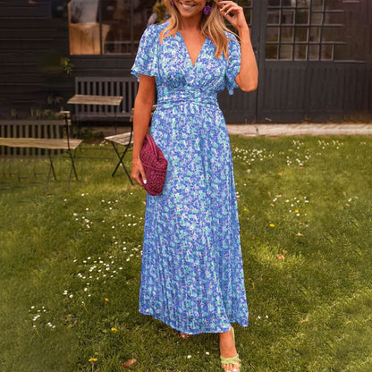 Elegant Floral Evening Dress for Women with V Neck Formal Wedding Guest Style