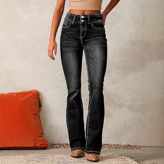 Effortless Relaxed Black Bootcut Jeans for Women with High Waist Faded Wash Style