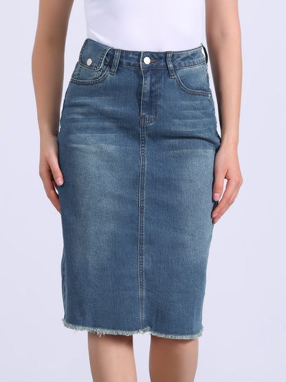 Elegant Denim Midi Skirt for Women with High Waist Fitted Straight Style