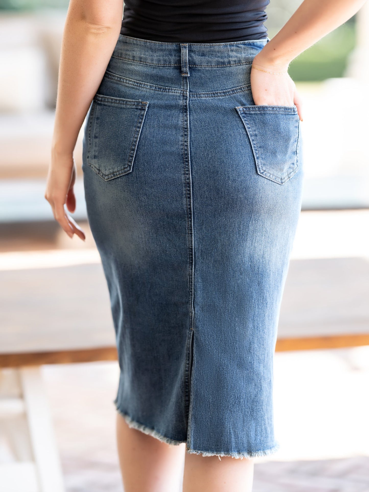 Elegant Denim Midi Skirt for Women with High Waist Fitted Straight Style
