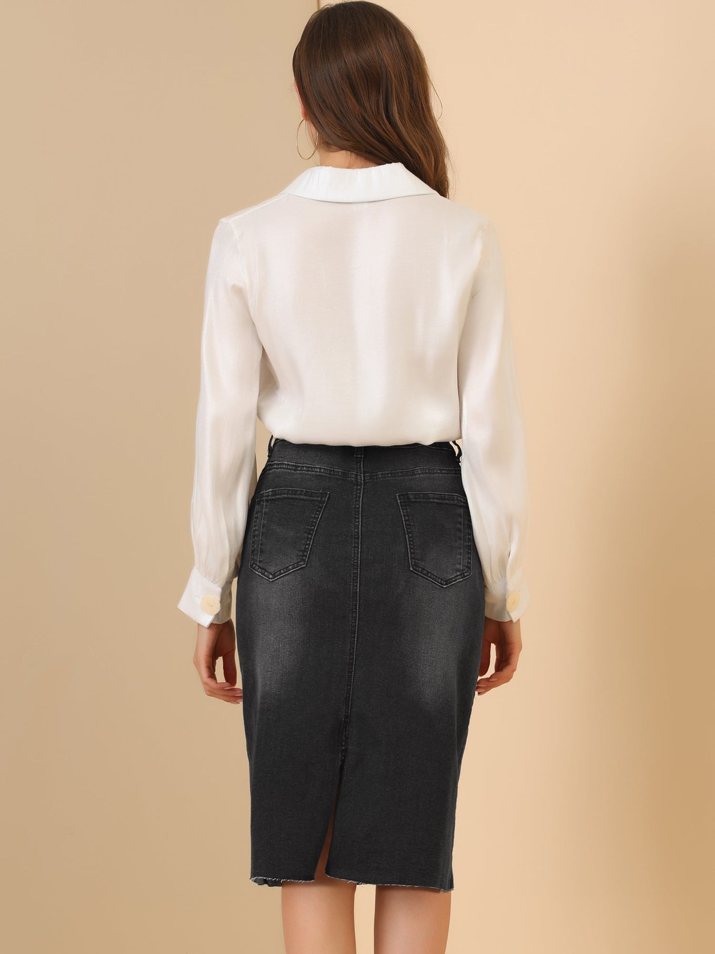 Elegant Denim Midi Skirt for Women with High Waist Fitted Straight Style
