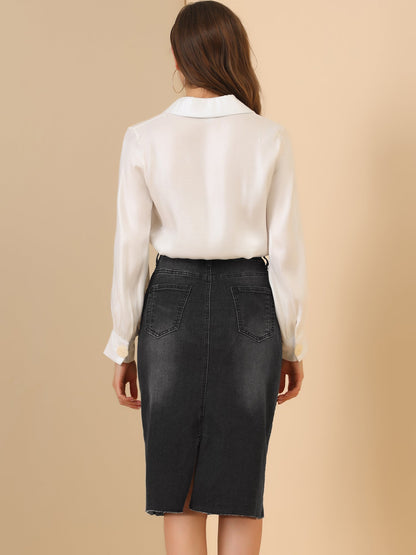 Elegant Denim Midi Skirt for Women with High Waist Fitted Straight Style