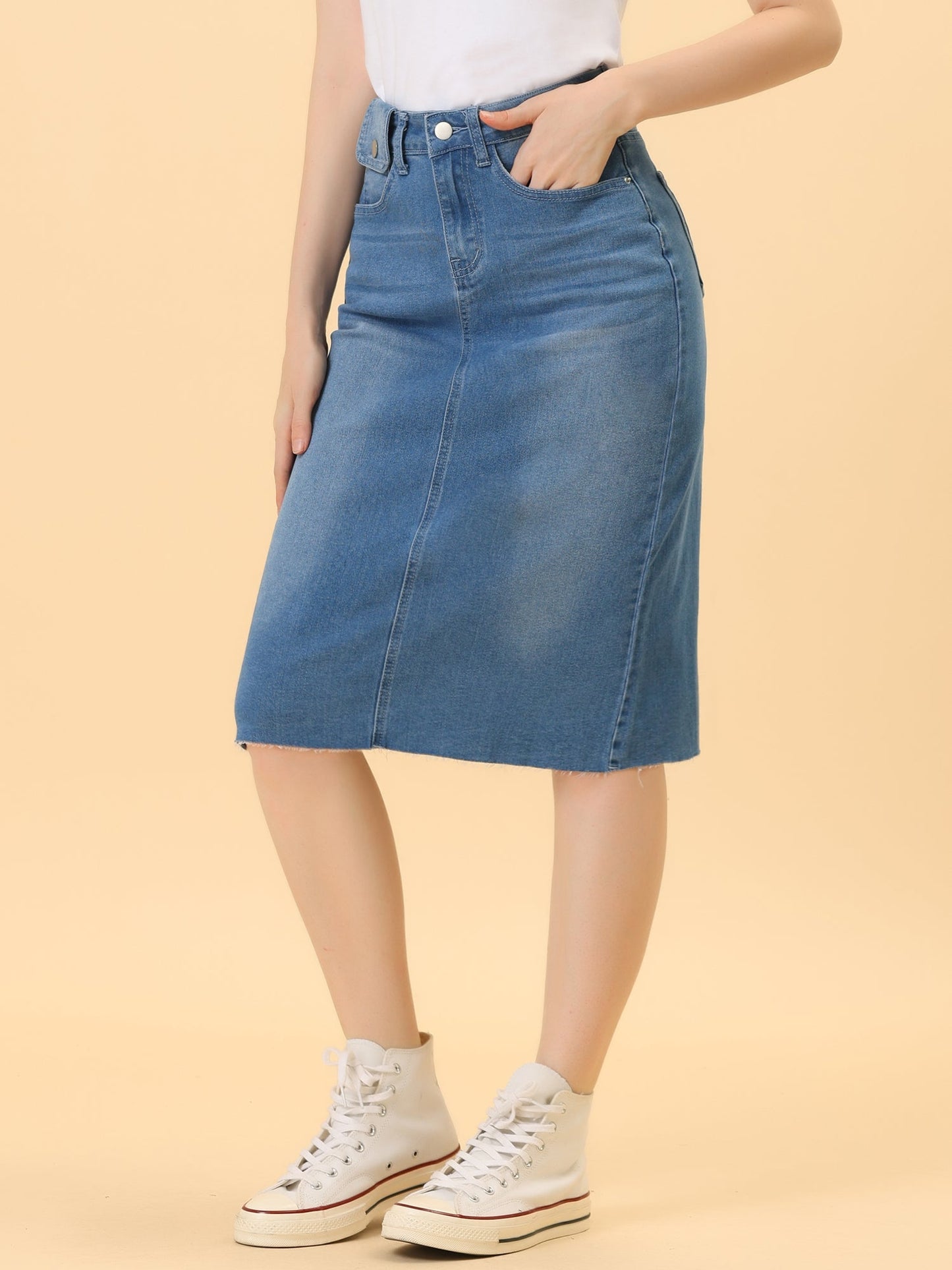Elegant Denim Midi Skirt for Women with High Waist Fitted Straight Style