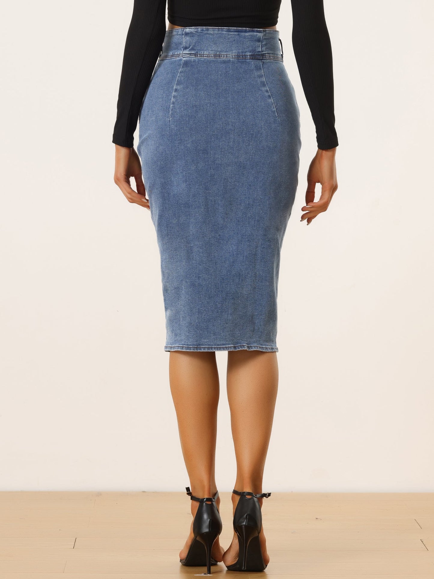 Elegant Denim Midi Skirt for Women with High Waist Fitted Side Slit Style