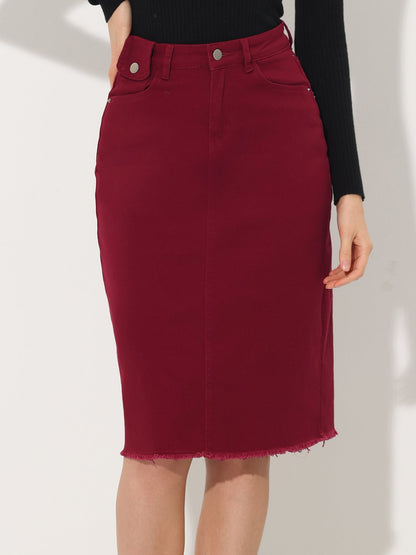 Elegant Denim Midi Skirt for Women with High Waist Fitted Straight Style