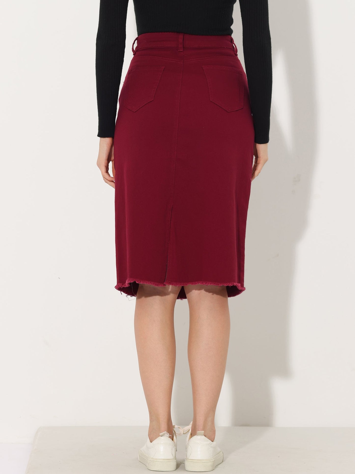 Elegant Denim Midi Skirt for Women with High Waist Fitted Straight Style