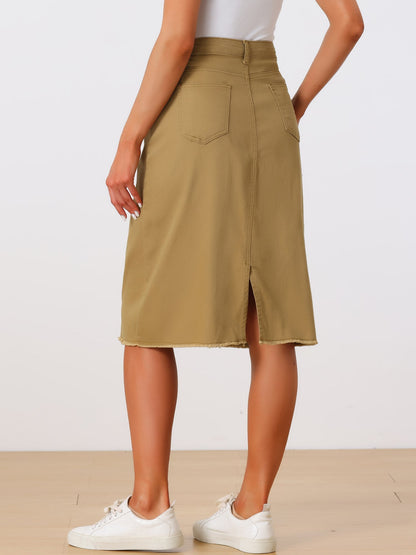 Elegant Denim Midi Skirt for Women with High Waist Fitted Straight Style