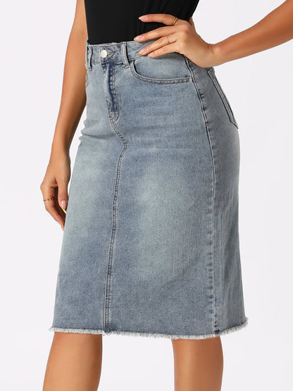 Elegant Denim Midi Skirt for Women with High Waist Fitted Straight Style