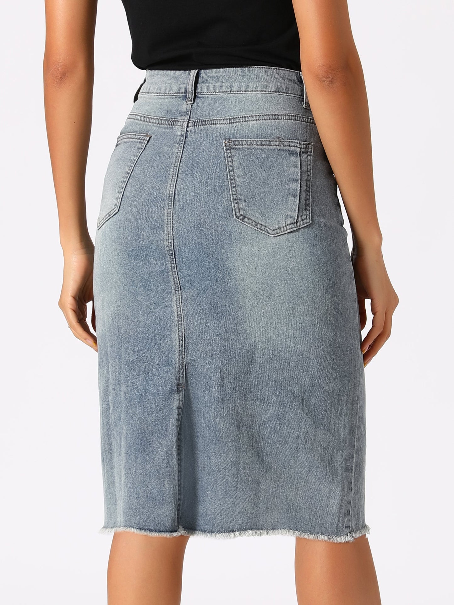 Elegant Denim Midi Skirt for Women with High Waist Fitted Straight Style