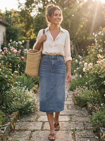 Elegant Grey Blue Denim Midi Skirt for Women with High Waist Fitted Straight Style