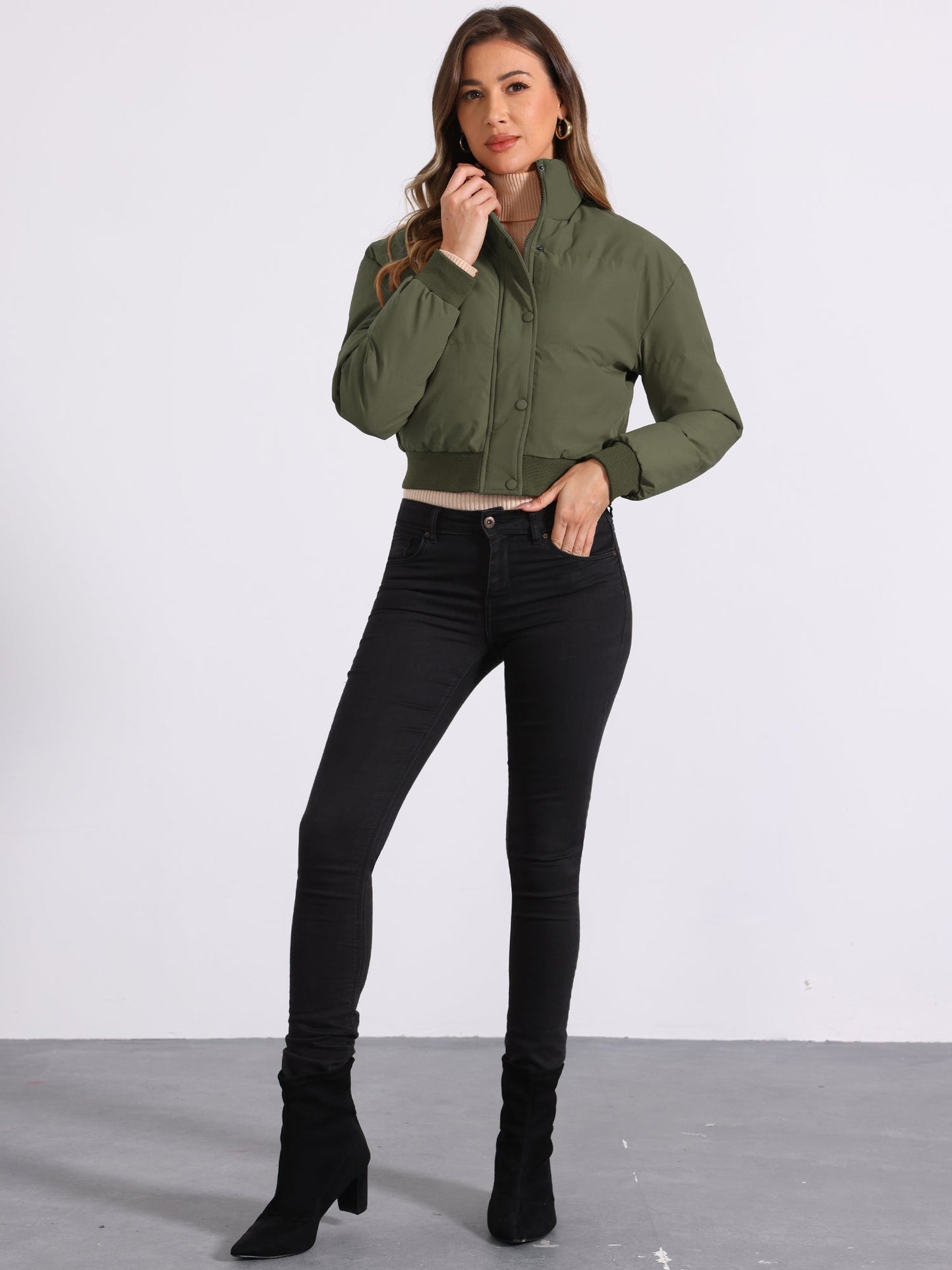 Effortless Bomber Jacket for Women with Stand Collar Zip Front Ribbed Cuff Style