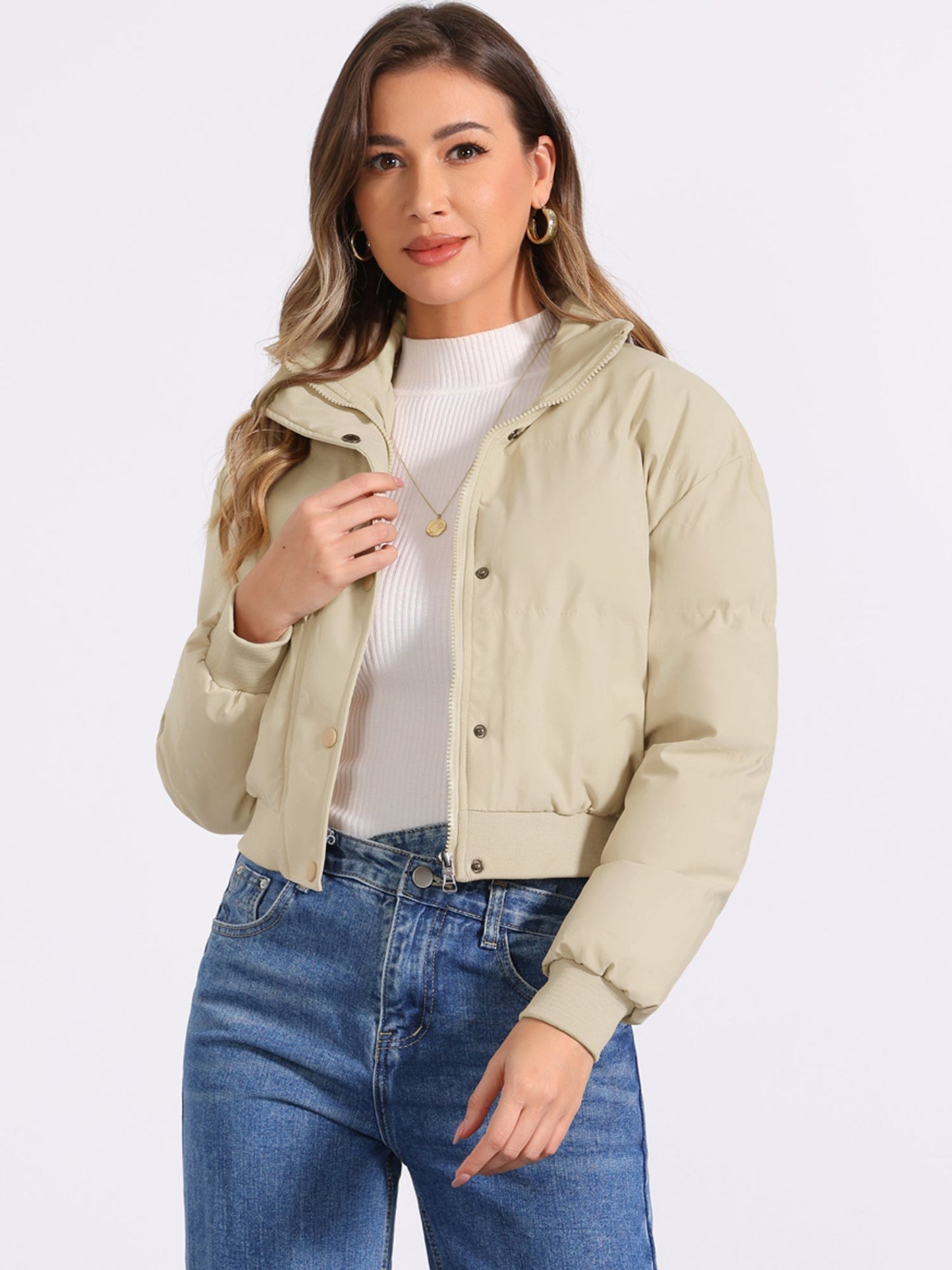 Effortless Bomber Jacket for Women with Stand Collar Zip Front Ribbed Cuff Style
