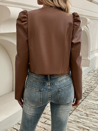 Effortless Cropped Leather Jacket for Women with Round Neck Puff Shoulder Style