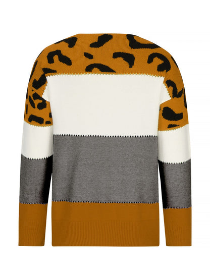 Effortless Colorblock Leopard Sweater for Women with Crew Neck Long Sleeve Style