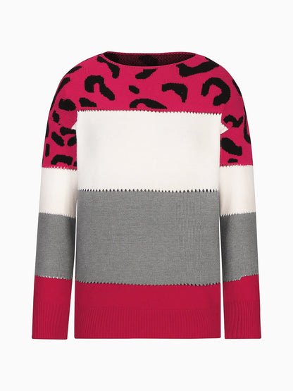 Effortless Colorblock Leopard Sweater for Women with Crew Neck Long Sleeve Style
