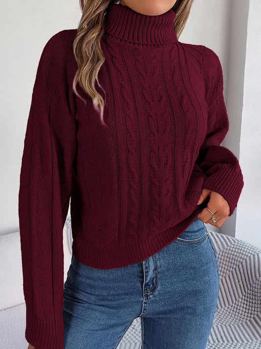 Comfortable Cable Knit Sweater for Women with Turtleneck Long Sleeve Style