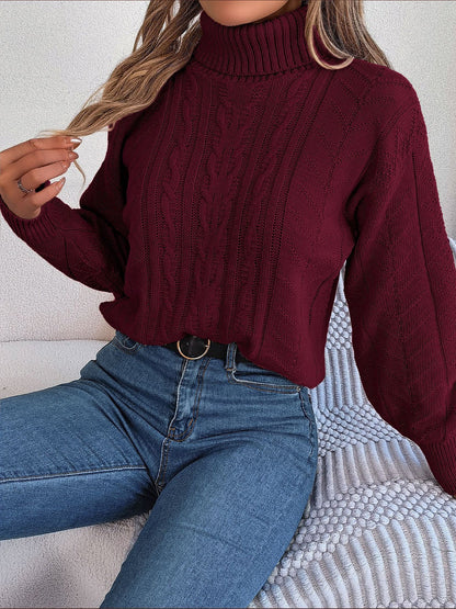 Comfortable Cable Knit Sweater for Women with Turtleneck Long Sleeve Style