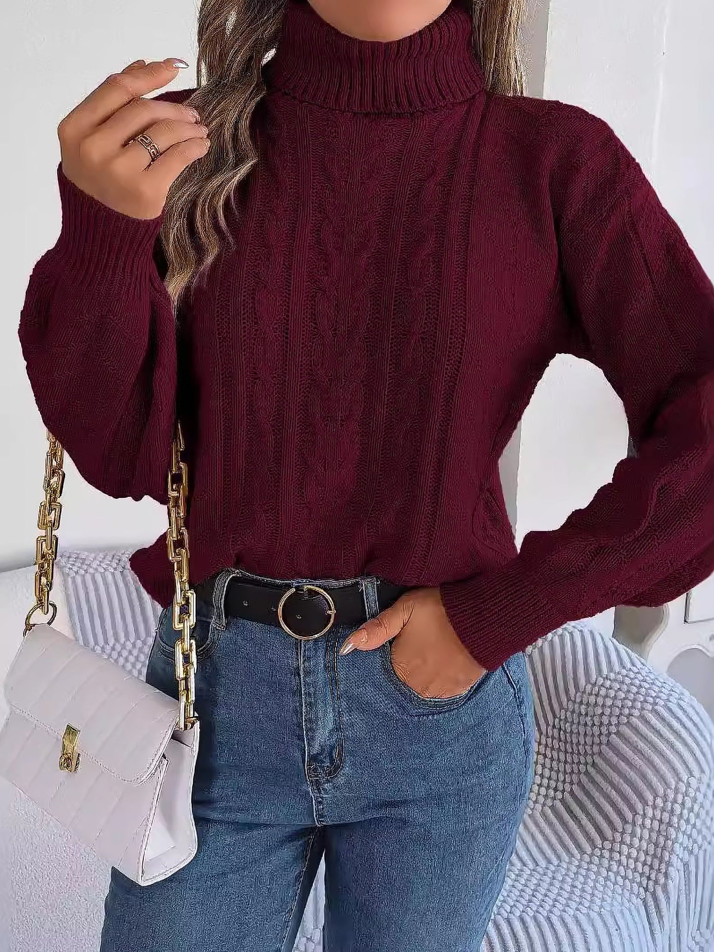 Comfortable Cable Knit Sweater for Women with Turtleneck Long Sleeve Style