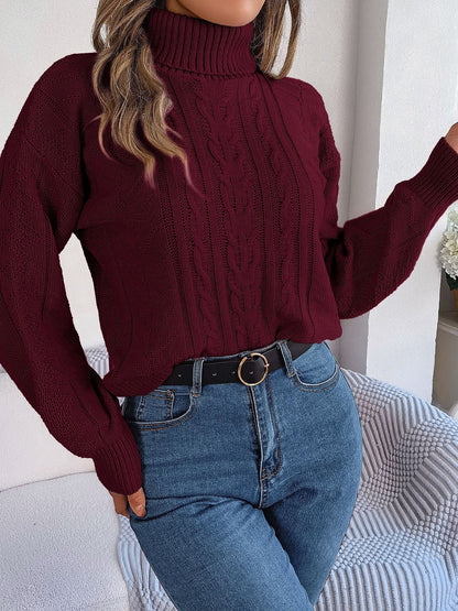 Comfortable Cable Knit Sweater for Women with Turtleneck Long Sleeve Style