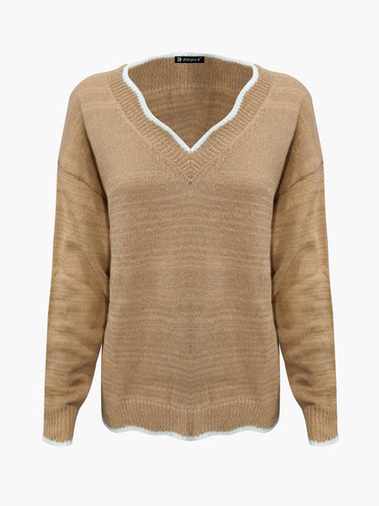 Comfortable Knit Sweater for Women with Split Neck Long Sleeve Relaxed Style
