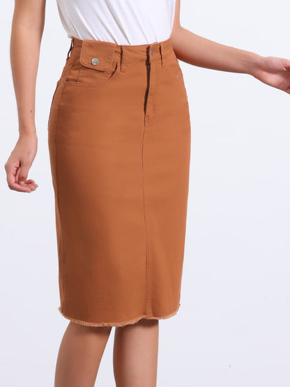 Elegant Denim Midi Skirt for Women with High Waist Fitted Straight Style