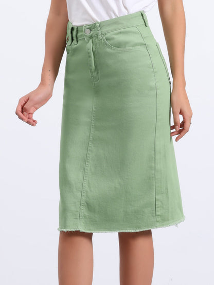 Elegant Denim Midi Skirt for Women with High Waist Fitted Straight Style